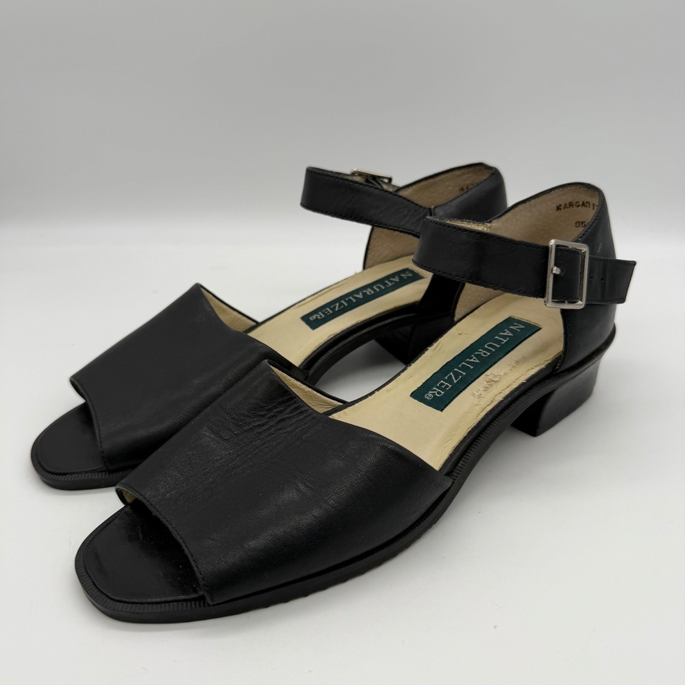 Naturalizer Vintage Black Leather Margarita Ankle Strap Block Heel Sandals 7.5 M